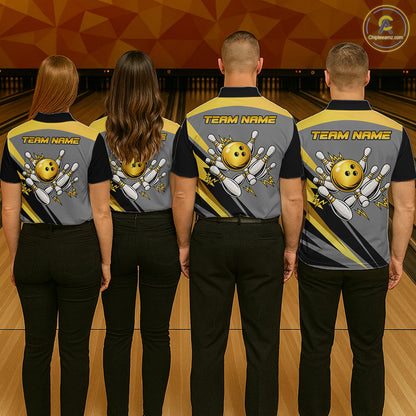 Personalized Gray And Gold Bowling Team Shirts For Women Custom Bowling Polo Quarter Zip Shirt NYN4497