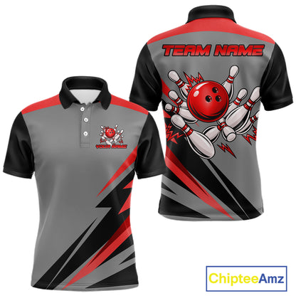 Personalized Gray And Red Bowling Team Shirts For Women Custom Bowling Polo Quarter Zip Shirt NYN4498