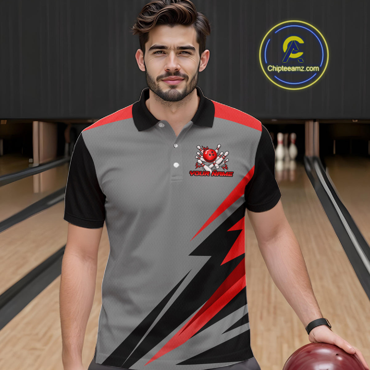 Personalized Gray And Red Bowling Team Shirts For Women Custom Bowling Polo Quarter Zip Shirt NYN4498