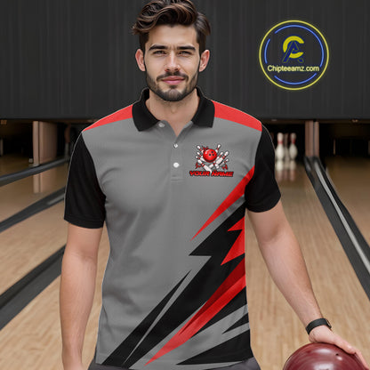 Personalized Gray And Red Bowling Team Shirts For Women Custom Bowling Polo Quarter Zip Shirt NYN4498