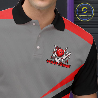 Personalized Gray And Red Bowling Team Shirts For Women Custom Bowling Polo Quarter Zip Shirt NYN4498