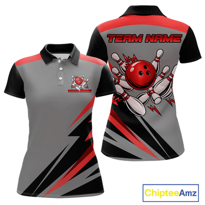 Personalized Gray And Red Bowling Team Shirts For Men Custom Bowling Polo Quarter Zip Shirt NYN4498