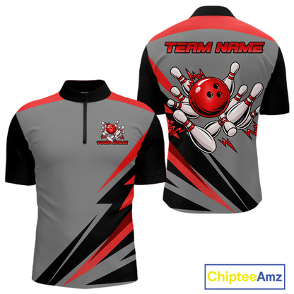 Personalized Gray And Red Bowling Team Shirts For Women Custom Bowling Polo Quarter Zip Shirt NYN4498
