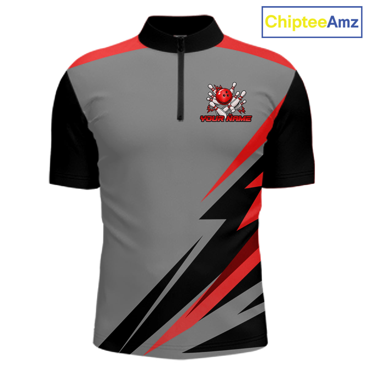 Personalized Gray And Red Bowling Team Shirts For Women Custom Bowling Polo Quarter Zip Shirt NYN4498