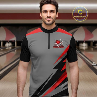 Personalized Gray And Red Bowling Team Shirts For Women Custom Bowling Polo Quarter Zip Shirt NYN4498