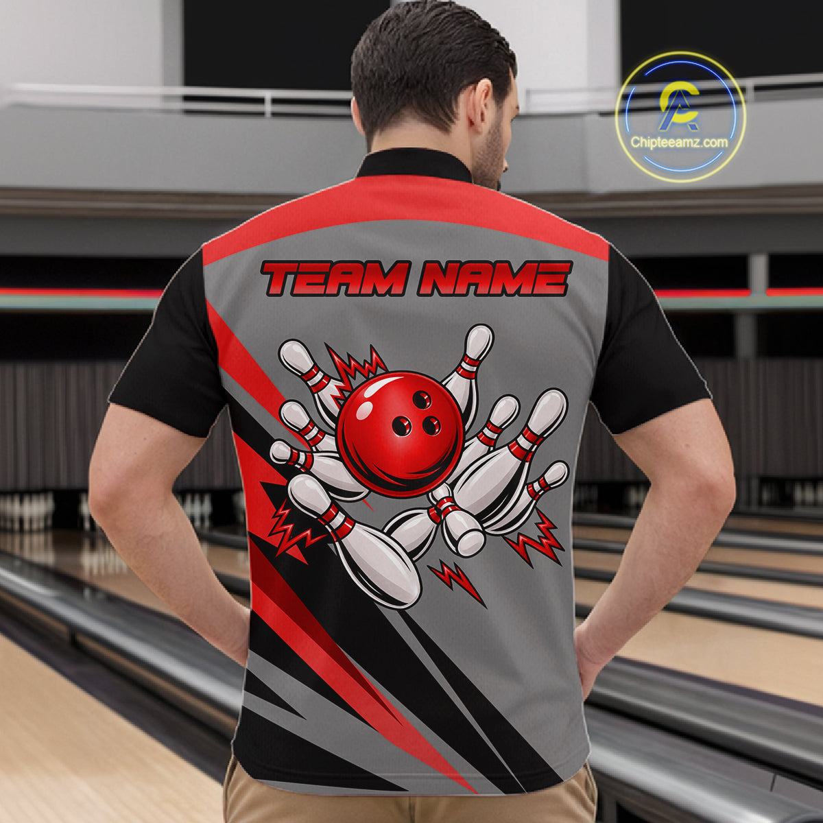 Personalized Gray And Red Bowling Team Shirts For Women Custom Bowling Polo Quarter Zip Shirt NYN4498