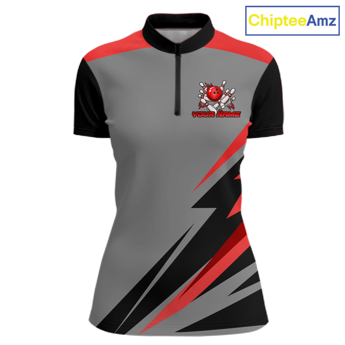 Personalized Gray And Red Bowling Team Shirts For Men Custom Bowling Polo Quarter Zip Shirt NYN4498