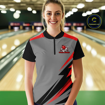 Personalized Gray And Red Bowling Team Shirts For Men Custom Bowling Polo Quarter Zip Shirt NYN4498