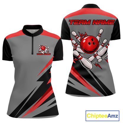 Personalized Gray And Red Bowling Team Shirts For Men Custom Bowling Polo Quarter Zip Shirt NYN4498