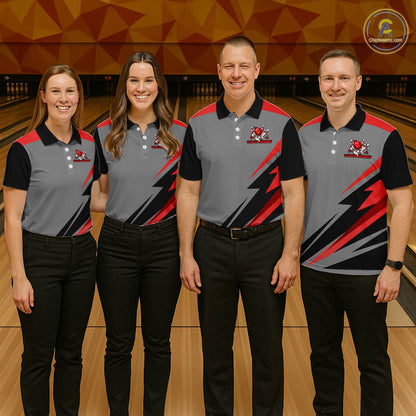 Personalized Gray And Red Bowling Team Shirts For Women Custom Bowling Polo Quarter Zip Shirt NYN4498