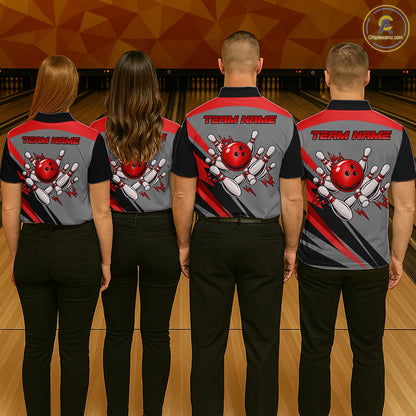 Personalized Gray And Red Bowling Team Shirts For Men Custom Bowling Polo Quarter Zip Shirt NYN4498