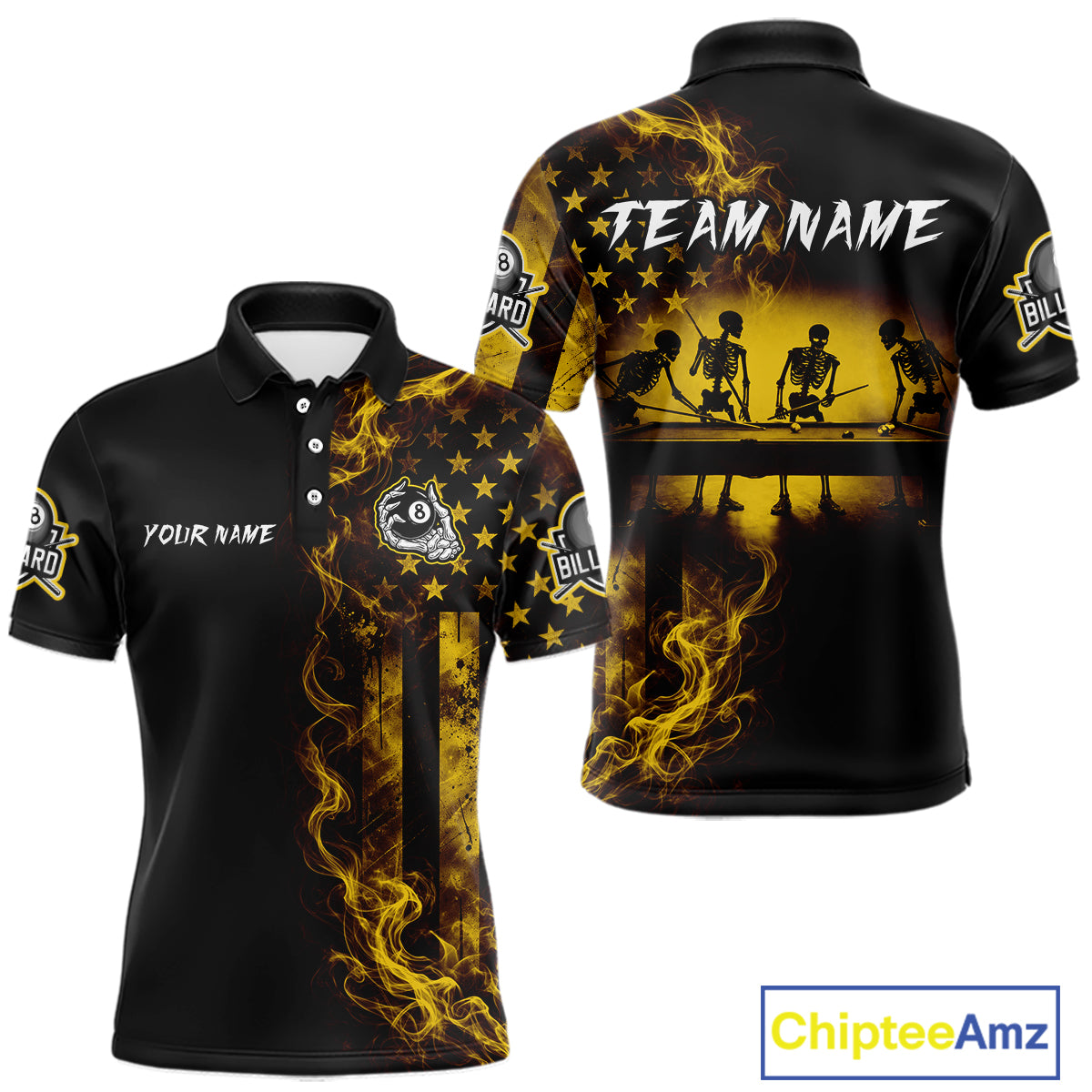 Yellow Smokes American Flag 8 Ball Billiard Pool Shirt For Men Custom Billiard Skeleton Team Appeal NYN4862