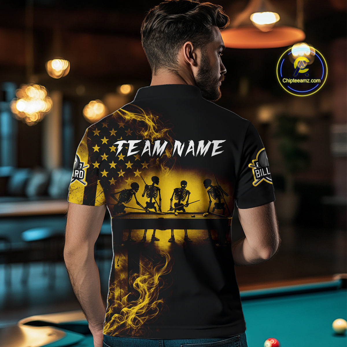 Yellow Smokes American Flag 8 Ball Billiard Pool Shirt For Men Custom Billiard Skeleton Team Appeal NYN4862