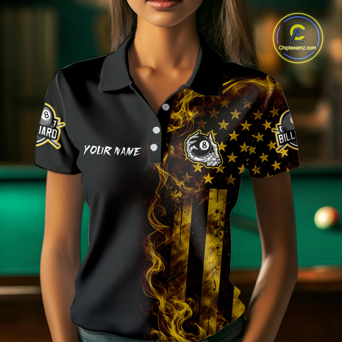 Yellow Smokes American Flag 8 Ball Billiard Pool Shirt For Women Custom Billiard Skeleton Team Appeal NYN4862