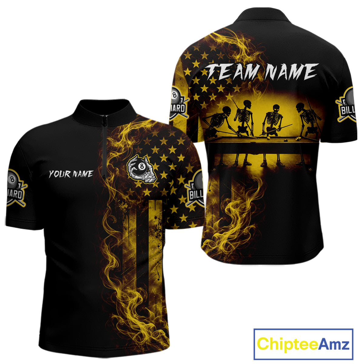 Yellow Smokes American Flag 8 Ball Billiard Pool Shirt For Men Custom Billiard Skeleton Team Appeal NYN4862