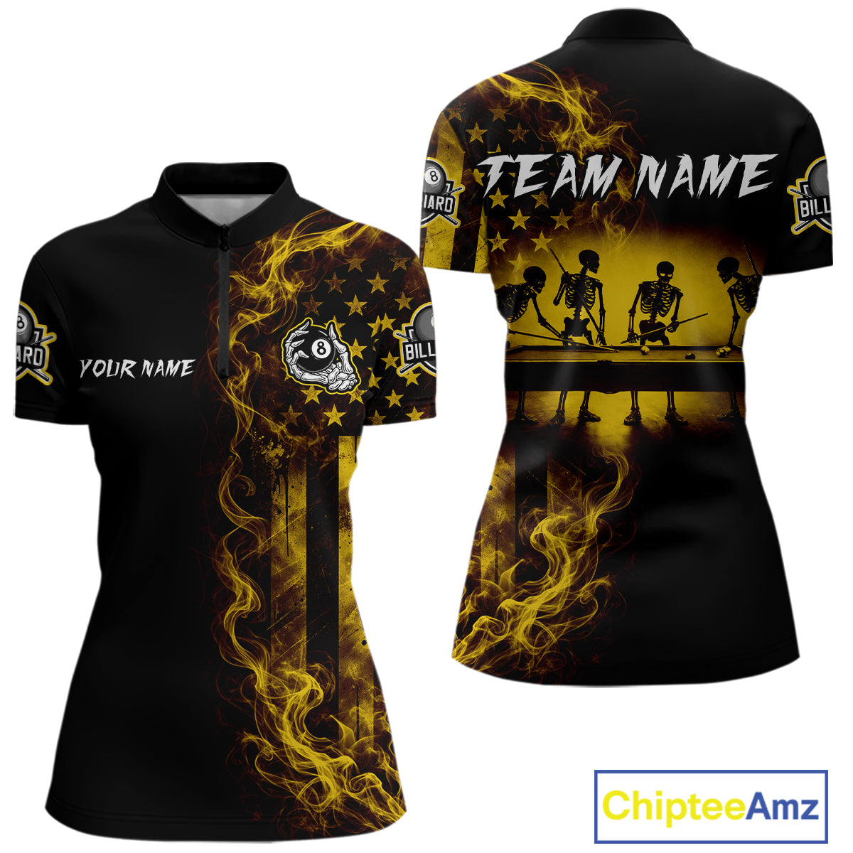 Yellow Smokes American Flag 8 Ball Billiard Pool Shirt For Women Custom Billiard Skeleton Team Appeal NYN4862