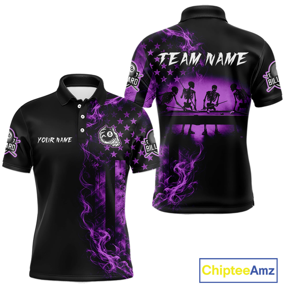 Purple Smokes American Flag 8 Ball Billiard Pool Shirt For Men Custom Billiard Skeleton Team Appeal NYN4863