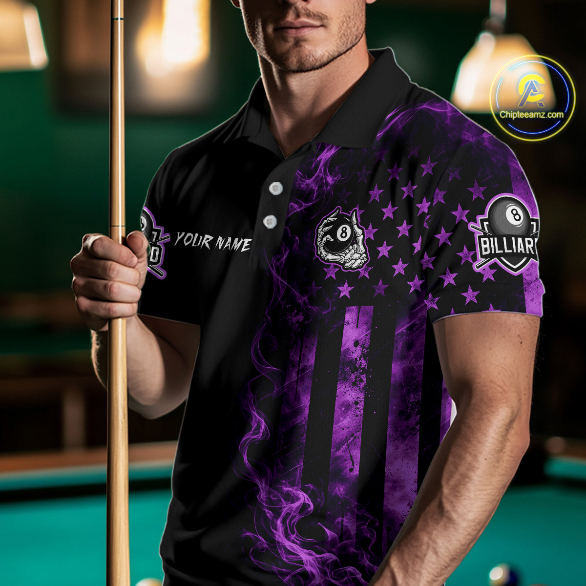 Purple Smokes American Flag 8 Ball Billiard Pool Shirt For Men Custom Billiard Skeleton Team Appeal NYN4863