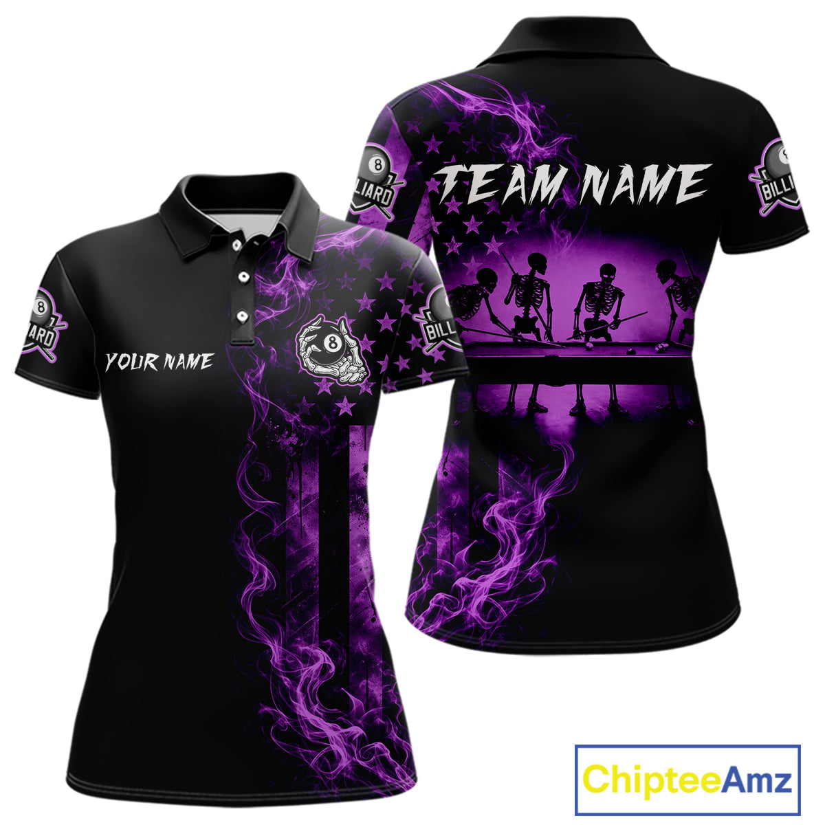 Purple Smokes American Flag 8 Ball Billiard Pool Shirt For Women Custom Billiard Skeleton Team Appeal NYN4863
