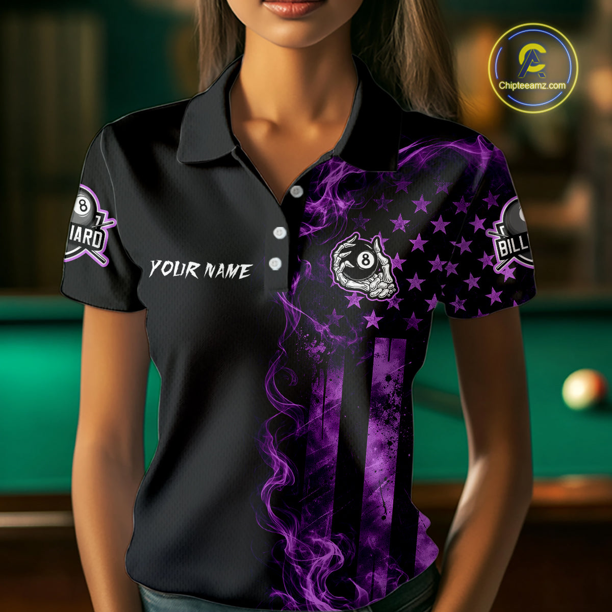 Purple Smokes American Flag 8 Ball Billiard Pool Shirt For Women Custom Billiard Skeleton Team Appeal NYN4863