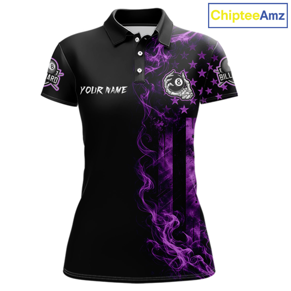 Purple Smokes American Flag 8 Ball Billiard Pool Shirt For Women Custom Billiard Skeleton Team Appeal NYN4863