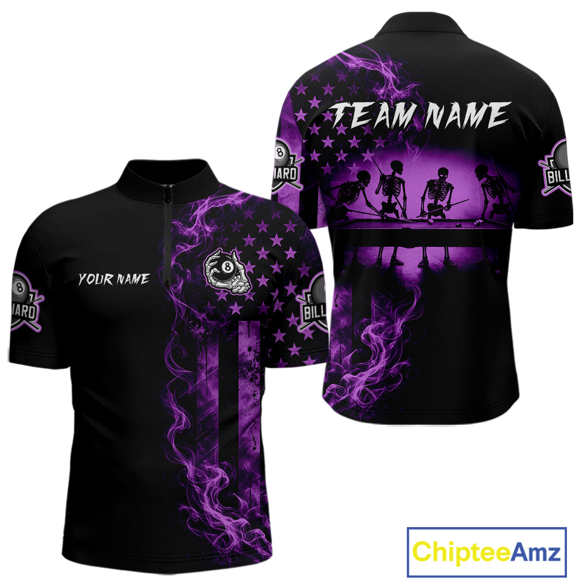 Purple Smokes American Flag 8 Ball Billiard Pool Shirt For Men Custom Billiard Skeleton Team Appeal NYN4863