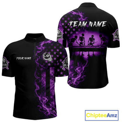 Purple Smokes American Flag 8 Ball Billiard Pool Shirt For Men Custom Billiard Skeleton Team Appeal NYN4863