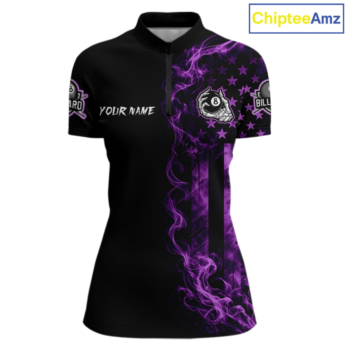 Purple Smokes American Flag 8 Ball Billiard Pool Shirt For Women Custom Billiard Skeleton Team Appeal NYN4863