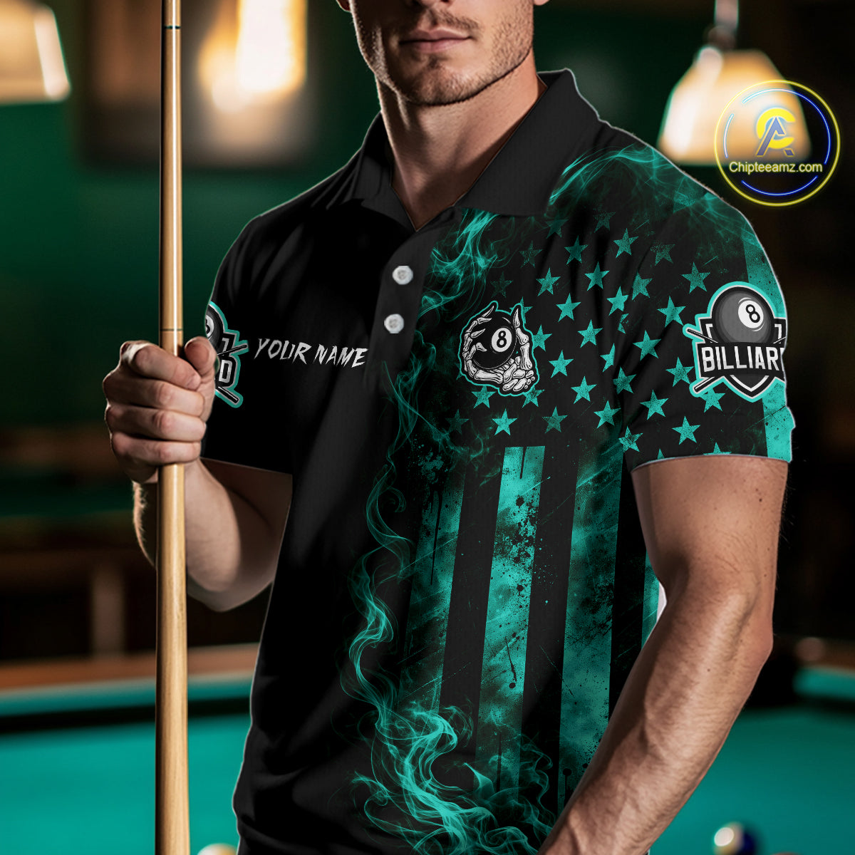 Teal Smokes American Flag 8 Ball Billiard Pool Shirt For Men Custom Billiard Skeleton Team Appeal NYN4864