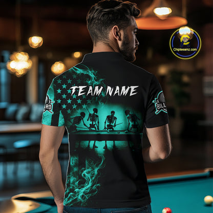 Teal Smokes American Flag 8 Ball Billiard Pool Shirt For Men Custom Billiard Skeleton Team Appeal NYN4864