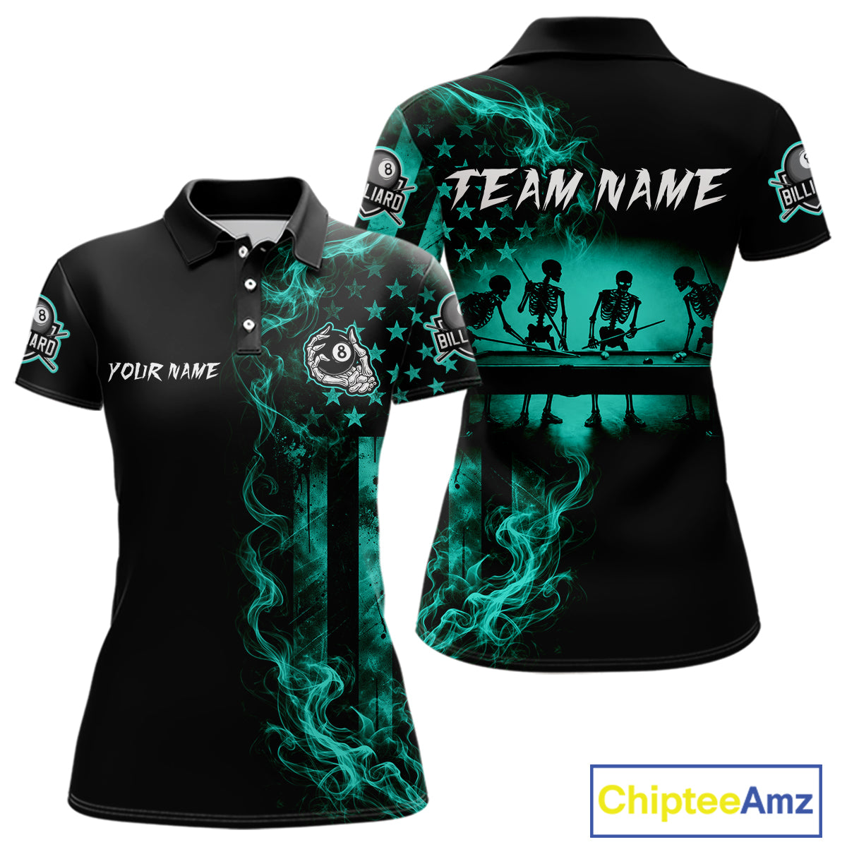 Teal Smokes American Flag 8 Ball Billiard Pool Shirt For Women Custom Billiard Skeleton Team Appeal NYN4864