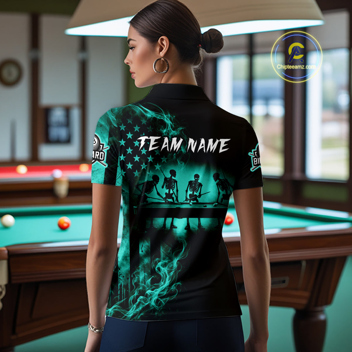 Teal Smokes American Flag 8 Ball Billiard Pool Shirt For Women Custom Billiard Skeleton Team Appeal NYN4864