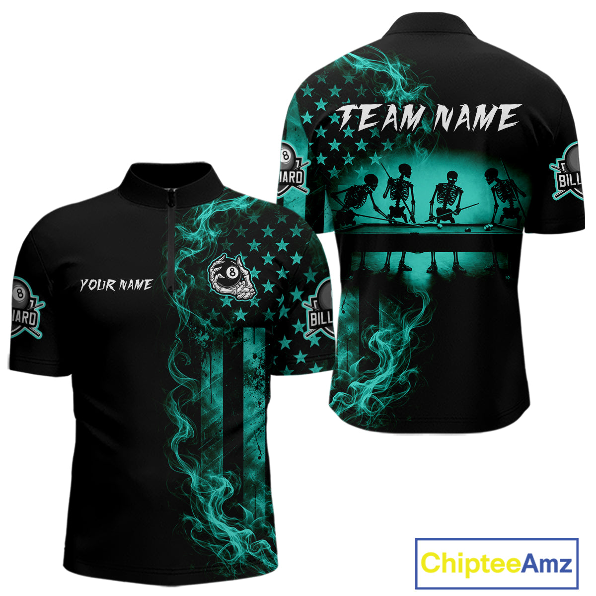 Teal Smokes American Flag 8 Ball Billiard Pool Shirt For Men Custom Billiard Skeleton Team Appeal NYN4864