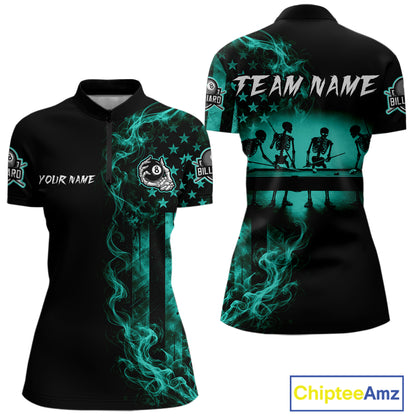 Teal Smokes American Flag 8 Ball Billiard Pool Shirt For Women Custom Billiard Skeleton Team Appeal NYN4864