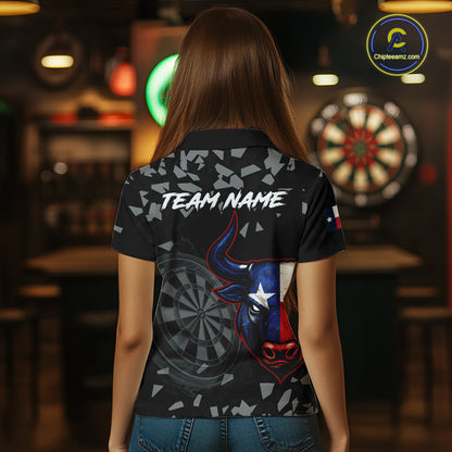 Texas Flag Bull & Dartboard Custom Grunge Women Darts Polo Shirt Patriotic Darts Team Jersey NYN2716