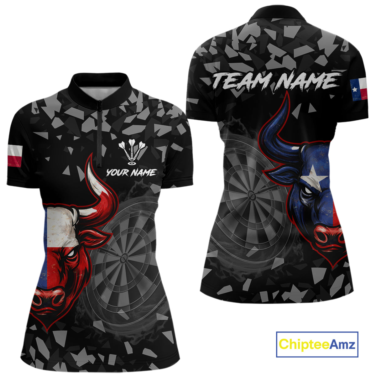 Texas Flag Bull & Dartboard Custom Grunge Women Darts 1/4-Zip Shirt Patriotic Darts Team Jersey NYN2716