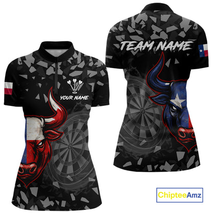 Texas Flag Bull & Dartboard Custom Grunge Women Darts 1/4-Zip Shirt Patriotic Darts Team Jersey NYN2716