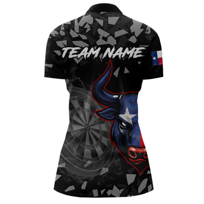 Texas Flag Bull & Dartboard Custom Grunge Women Darts 1/4-Zip Shirt Patriotic Darts Team Jersey NYN2716