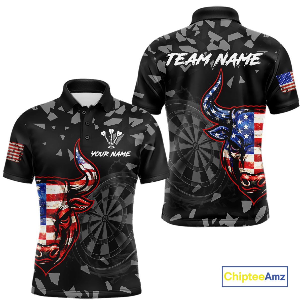 USA Flag Bull & Dartboard Custom Grunge Men Darts Polo Shirt Patriotic Darts Team Jersey NYN2717