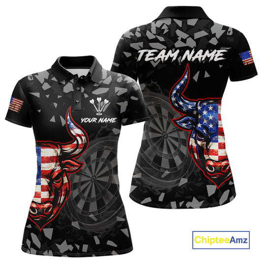 USA Flag Bull & Dartboard Custom Grunge Women Darts Polo Shirt Patriotic Darts Team Jersey NYN2717