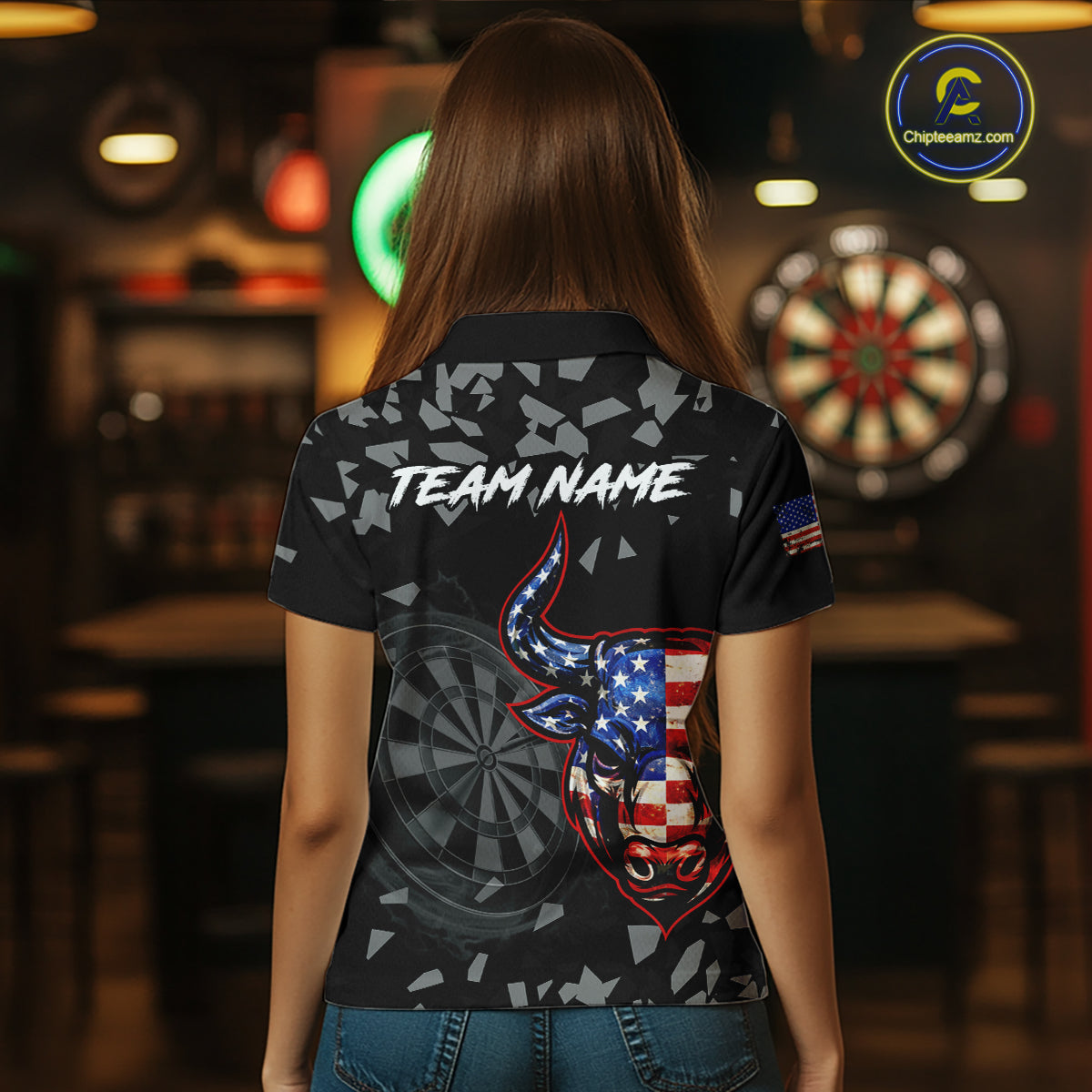 USA Flag Bull & Dartboard Custom Grunge Women Darts Polo Shirt Patriotic Darts Team Jersey NYN2717