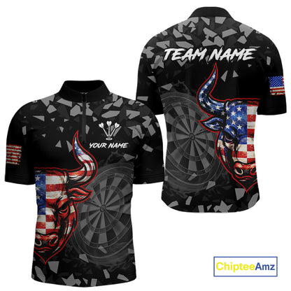 USA Flag Bull & Dartboard Custom Grunge Men Darts 1/4-Zip Shirt Patriotic Darts Team Jersey NYN2717
