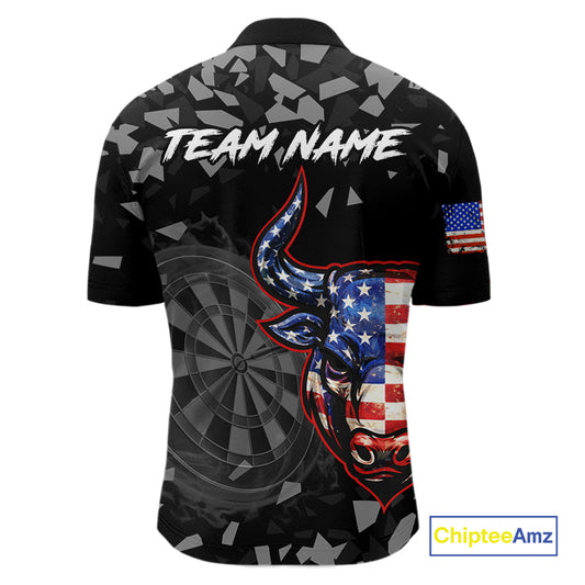 USA Flag Bull & Dartboard Custom Grunge Men Darts 1/4-Zip Shirt Patriotic Darts Team Jersey NYN2717