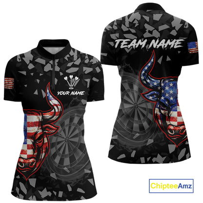 USA Flag Bull & Dartboard Custom Grunge Women  Darts 1/4-Zip Shirt Patriotic Darts Team Jersey NYN2717