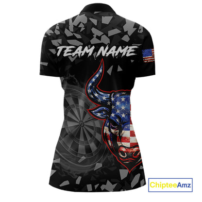 USA Flag Bull & Dartboard Custom Grunge Women  Darts 1/4-Zip Shirt Patriotic Darts Team Jersey NYN2717