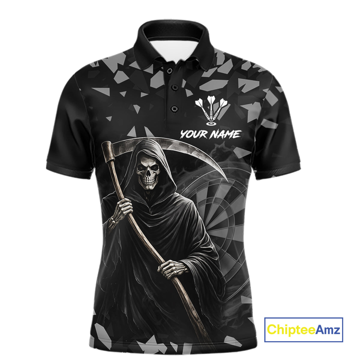 Grey Grim Reaper Smoke Dartboard Custom Grunge Men Darts Polo Shirt Darts Team Jersey NYN2718