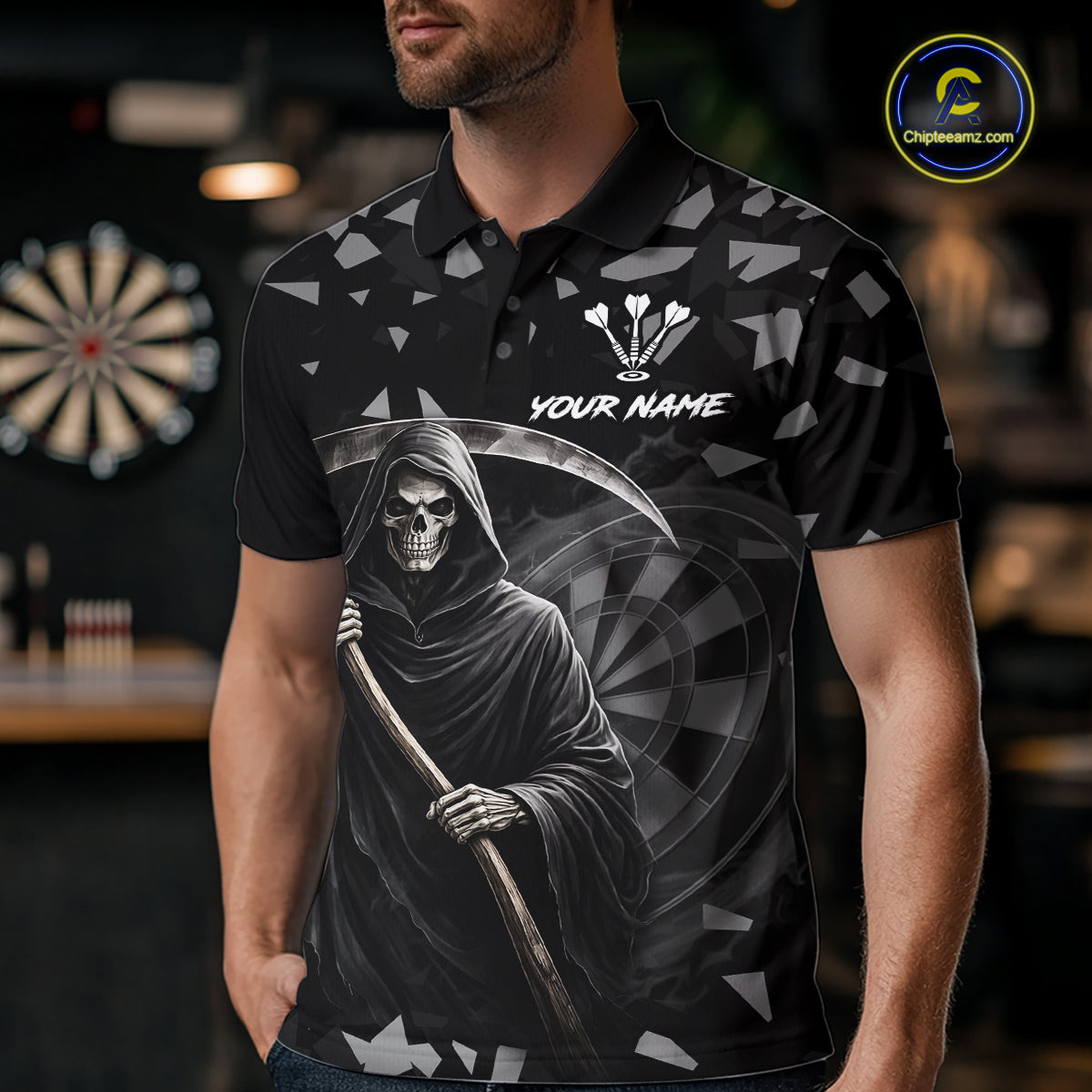 Grey Grim Reaper Smoke Dartboard Custom Grunge Men Darts Polo Shirt Darts Team Jersey NYN2718