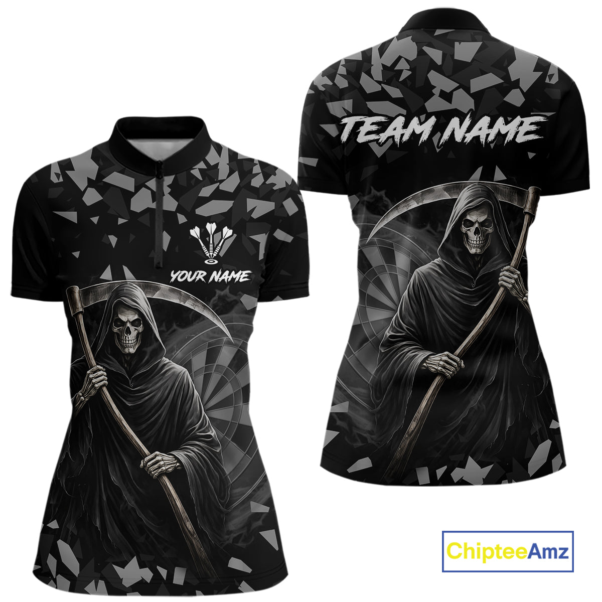 Grey Grim Reaper Smoke Dartboard Custom Grunge Women Darts 1/4-Zip Shirt Darts Team Jersey NYN2718