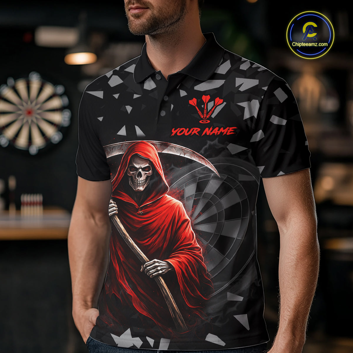 Red Grim Reaper Smoke Dartboard Custom Grunge Men Darts Polo Shirt Darts Team Jersey NYN2719