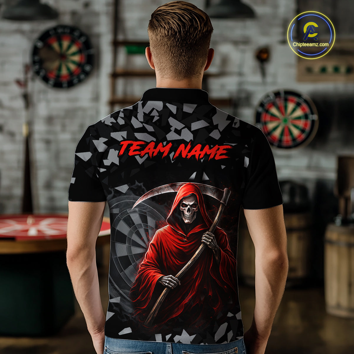 Red Grim Reaper Smoke Dartboard Custom Grunge Men Darts Polo Shirt Darts Team Jersey NYN2719